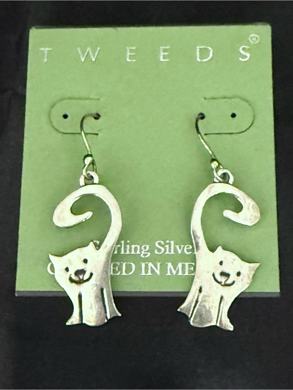 Vintage Mexico 925 Sterling Silver Cat Dangle Earrings Tweeds Artisan Cute